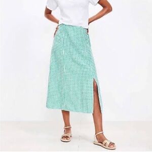 Loft Green Gingham Side Slit Midi Skirt Linen Blend Size 14